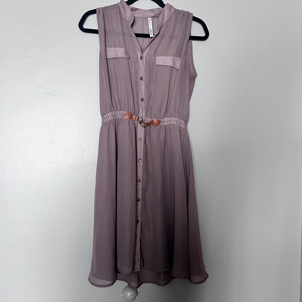 ✨R N B Women’s Dress M Purple Sheer Chiffon Sleeveless Button Front Belted